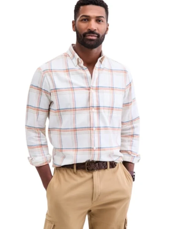 Club Room Men's Regular-Fit S, L Plaid Flannel Shirt Ivory Hunter Plaid -NWT - Picture 1 of 4